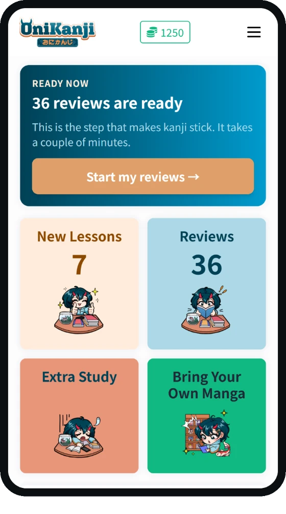 The OniKanji Android app dashboard: 36 reviews are ready